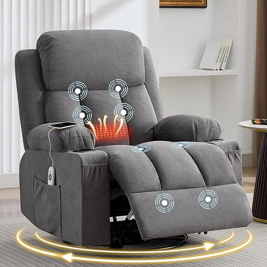 Swivel Rocker Recliner Chair with Vibration Massage and Heat for Living Roomwith Rocking Function and Side Pocket USB Charge Port2 Cup Holders