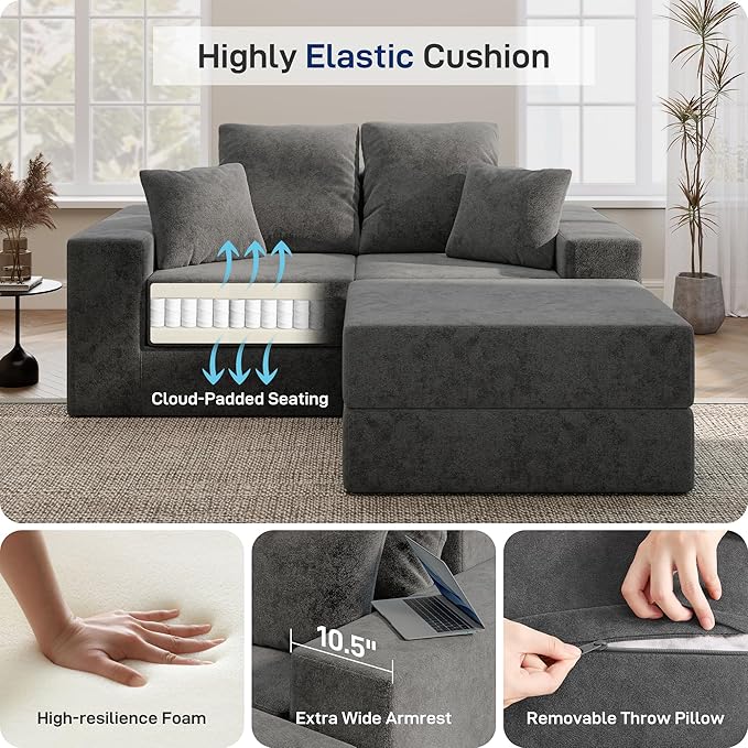 Cloud Modular Sectional Sofa Comfy Boneless Couch for Living Room Modern L-Shaped Couch with Reversible Chaise Customizable Sleeper Sofa with Non Slip No Assembly &amp Deep Seat Dark Grey