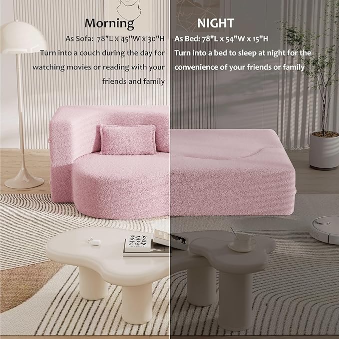 Foldable Sofa Bed2 in 1 Convertible Cloud Loveseat Sleeper Sofa BedTeddy Floor Sofa with 2 PillowsSofas &amp Couches for Living RoomGuest BedPlayroomno Assembly Required Cloud Couch (Pink)