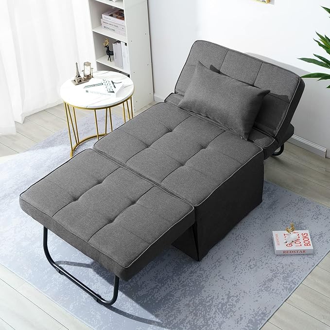 BIGSYY Sofa Bed Set of 4 in 1 Multi-Function Folding Ottoman Breathable Linen Couch Bed with Adjustable Backrest Modern Convertible Chair for Living Room Apartment Office Dark Grey