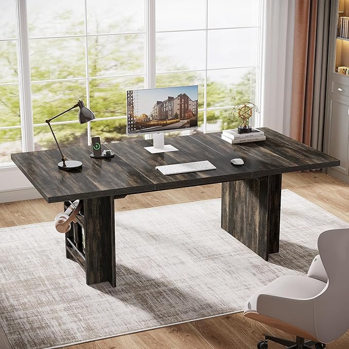 Tribesigns 62.99-Inch Computer Desk Modern Executive Office Desk Large Long Writing Table with Storage Shelves for Office Study Room (Black)