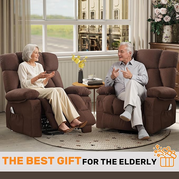 Power Lift Recliner Chair for Elderly Big and Tall Lift Chair with Massage and Heat for Living Room Fabric Electric Recliner Chairs with 4 Side Pockets USB Charge PortBrown