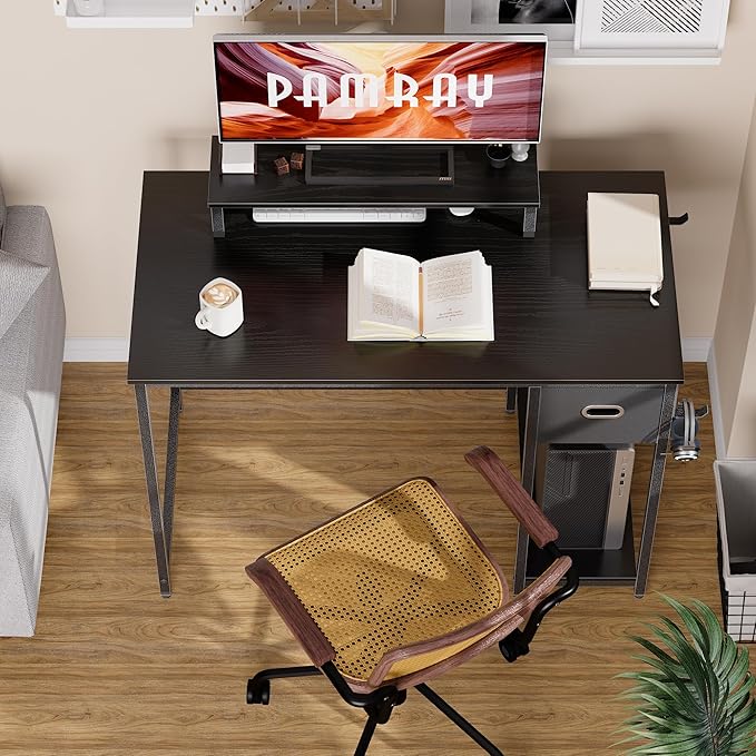 Pamray 39 Inch Computer Desk with Monitor Stand Small Home Office Desks with Non-Woven Storage Drawer for Bedroom Study Table Writing and Work Desk Orange