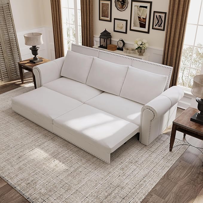 93.7 Velvet Convertible Sleeper Sofa 3 in 1 King Size Pull Out Sofa Bed Loveseat Couch for Living Room Bedroom Cream White