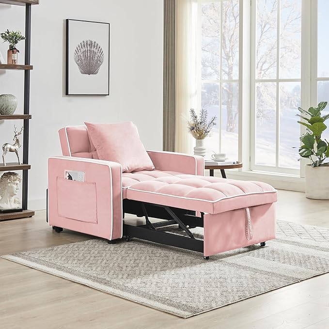 3-in-1 Velvet Chair-bed Adjustable Backrest Pull-out Chaise Lounger Tufted Cushioning Side Organizer Pocket Space-saving Convertible Seating for Living Room Apartment Guestroom Office (Pink)