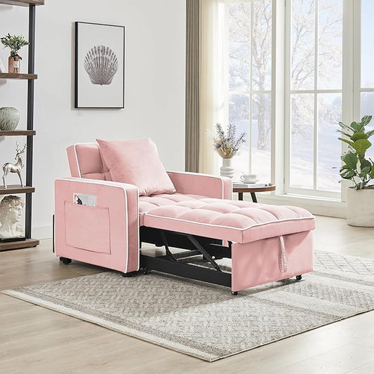 3-in-1 Futon Couch Sofa Bed Chair Convertible Sleeper Sofa with Pull-Out Bed Folding Sofa Bed with Reclining Backrest and Side Pocket Sofa Recliner Single Bed Adult Modern Chair Bed Berth (Pink)