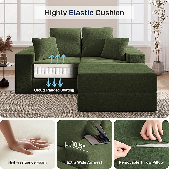 Cloud Modular Sectional Sofa Comfy Boneless Couch for Living Room Modern L-Shaped Couch with Reversible Chaise Customizable Sleeper Sofa with Non Slip No Assembly &amp Deep Seat Green