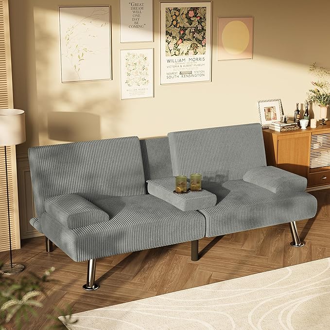 Homall Futon Sofa Bed Futon Couch with Removable Armrests Adjustable Recliner Sleeper Sofa Bed with Dual Cup Holders for Living Room Apartment Office (Corduroy Grey)