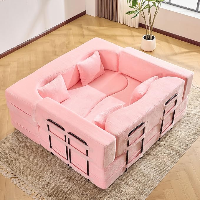 2-in-1 4 Seat Folding Sofa Bed with Pillow No Assembly Futon Twin Size Sofa Bed Breathable Velvet Convertible Couch Bed for Living Room and Guest Room 71.65 Inch Pink