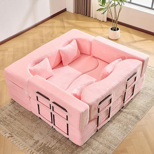 2-in-1 4 Seat Folding Sofa Bed with Pillow No Assembly Futon Twin Size Sofa Bed Breathable Velvet Convertible Couch Bed for Living Room and Guest Room 71.65 Inch Pink