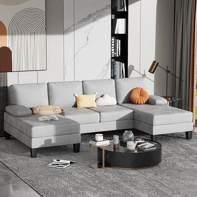 Bezseller 107.3 Sectional Couches for Living Room U Shaped Modular Sofa Couch with Cushion &amp Chenille Fabric 4-Seat Comfy Furniture Sets with Double Chaise for Apartment Reception Room Grey