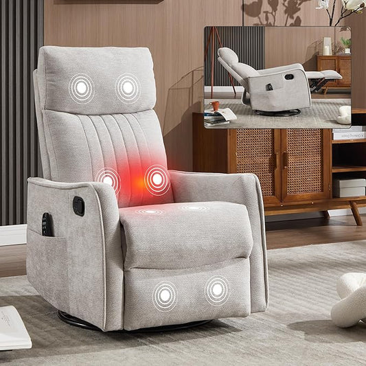 KEIKI Swivel Rocker Recliner Chair with Massage and Heated Pad for Nursery Soft Fabric Glider with 360 Degree Rotation and Manual Recline