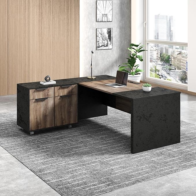 78.75 Inch L Shaped Executive Office Desk with 2 Drawers Large Office Desk with File Cabinet Modern Home Office Desk w/4 Wheels Moveable Stand Under Desk Storage Organizer Oak