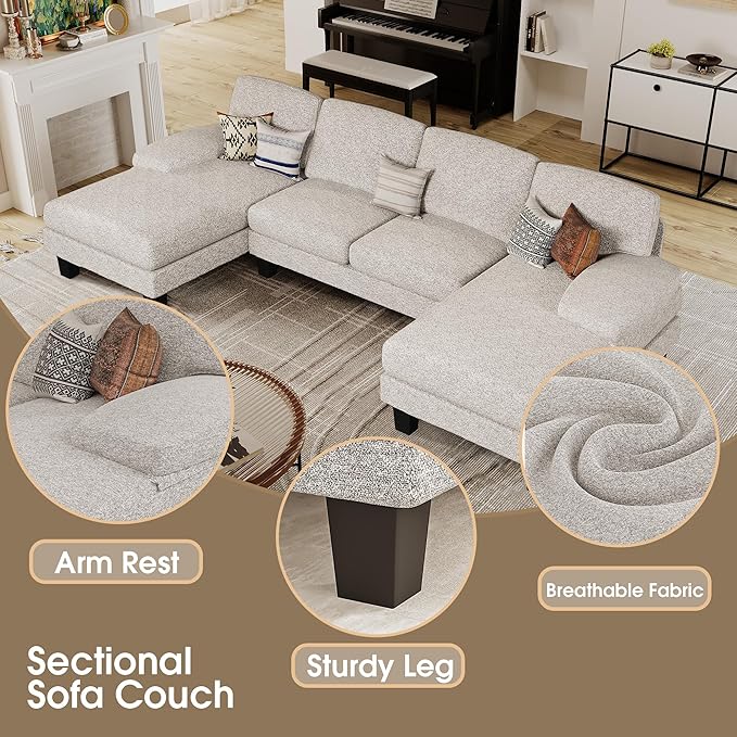 Furmax Sectional Couches for Living Room U-Shaped Sofa Couch with Linen Fabric 4 Seat Sofa Set with Double Chaise for Apartment (Loop Yarn Pearl Gray)