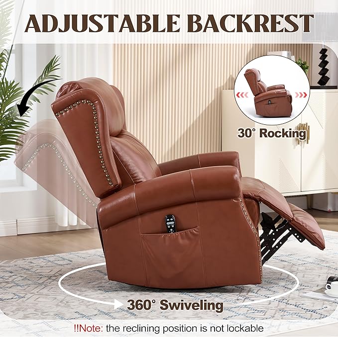 Manual Rocker Swivel Recliner Chair for Adults Vibration Massage Reclining Glider Chair with Lumbar Heat Rivet Design Single Sofa for Living Room Genuine Leather Red Brown