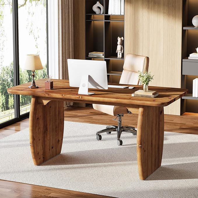 63-Inch Solid Wood Executive Desk Large Office Computer Desk with Sturdy Wooden Legs Farmhouse Writing Table Business Workstation for Home Office Brown