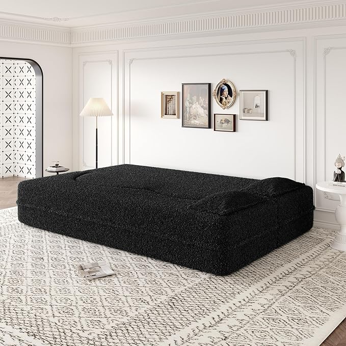 Ball &amp Cast 78 Floor Sofa Bed with 2 PillowsConvertible Teddy Fabric Foam-Filled Sleeper Sofa BedPull Out Couch Full Size Folding Mattress for Living RoomPlayroomNo Assembly RequiredBlack