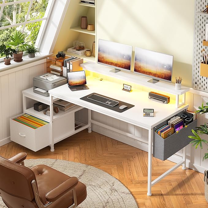 Computer Desk with DrawersOffice Desk with Printer Shelf &amp Monitor StandGaming Desk with Power Outlets &amp LED LightsCorner Table with Side Storage Bag White