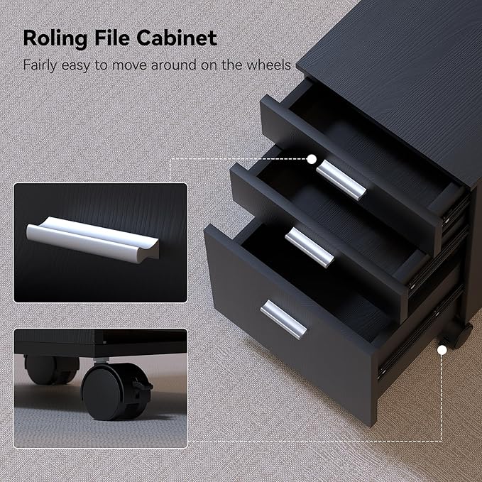 3 Drawer File CabinetMobile on WheelsPre-Assembled Black Wooden Storage Organizer for A4/Letter FilesUnder Desk Printer Stand19 L x 16 W x 22 H