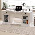 67 Modern White Executive Desk Computer Desk with 2 Glass-Door Cabinets &amp 3 Drawers White Home Office Desk Writing Table with USB Ports Study Workstation for Living Room (White+Glasses)
