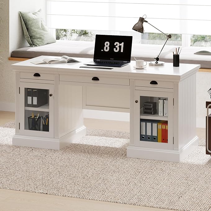67 Modern White Executive Desk Computer Desk with 2 Glass-Door Cabinets &amp 3 Drawers White Home Office Desk Writing Table with USB Ports Study Workstation for Living Room (White+Glasses)