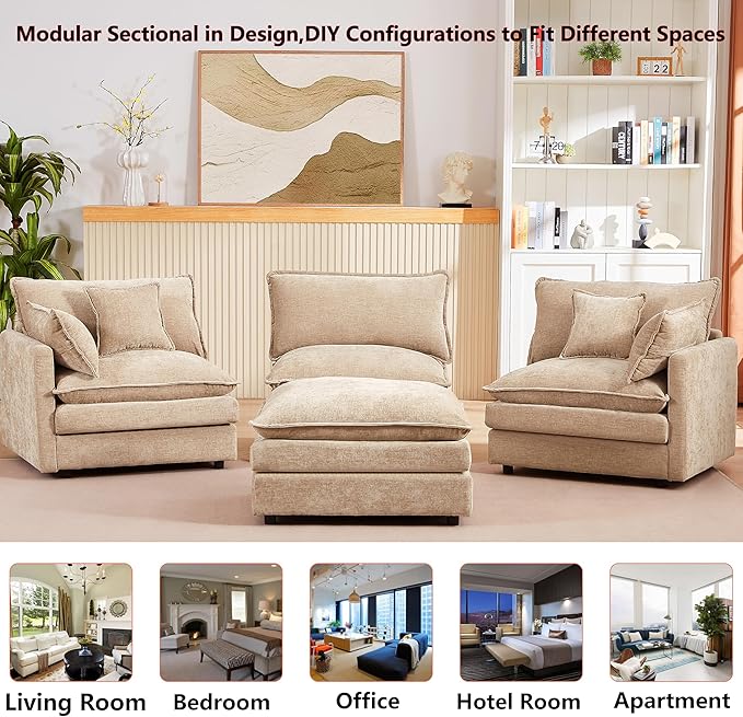 102 L-Shaped Sofa for Living RoomModular Sectional Cloud Sofa Couch with OttomanModern Chenille 3 Seater Sofas with Deep SeatSmall L Shaped Couches for Bedroom (Light Coffee 102)