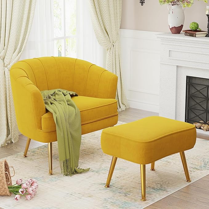 Velvet Accent Chairs with Ottoman for Living Room Bedroom Office Leisure Upholstered Single Sofa Chair Arm Chair Comfy Chair Reading Club Coffee Chair with Metal Legs Yellow