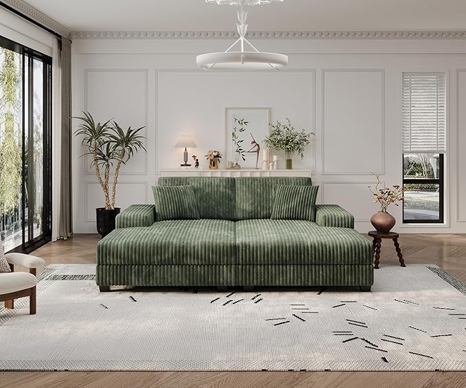 79.5 Oversized Corduroy Modular 2-Seat Sectional Couch with Extra-Wide Armrest Storage and Double Chaise Lounge Modern Convertible Sleeper Sofa for Living RoomGreen