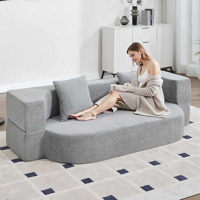 Folding Sofa Bed Convertible Futon Sleeper Bed 2-in-1 Foldable Floor Mattress with 2 Pillows Breathable High-Density Foam Lazy Couch Comfy Lounge Chair Twin Size Light Gray