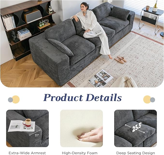 Esright 110 Oversized Sofa for Living Room Cloud Boneless Couch with Fluffy Seat Cushions 3 Seater Upholstered Floor Sofa No Assembly Required Grey