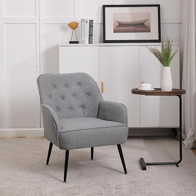 Modern Mid Century Chair Linen Sherpa Armchair for Living Room Bedroom Office Easy Assemble(Light Grey)