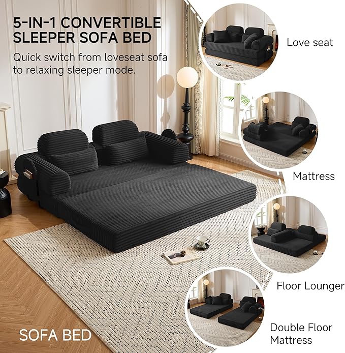 79 Sofa Bed Deep Seat 32 Sleeper Sofa 5-in-1 Convertible Sofa Bed Boneless Couch in a Box Corduroy Floor Futon with Thickened backrest and Headrest Pillows Side Pockets Black