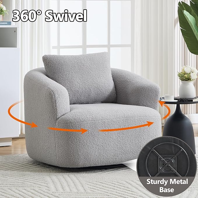360° Rotating Round Plush Chair with Removable Pillow - High-Resilience Foam &amp Spring Support No-Assembly Teddy Velvet Armless Sofa for Living Room/Bedroom (Light Grey)