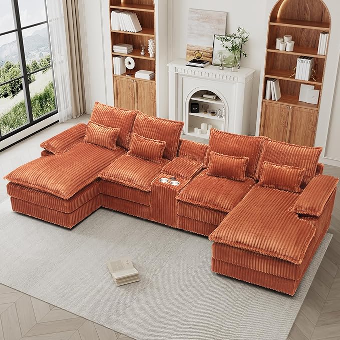 HYJT-H&ampK 124 U Shaped Cloud Couch Sectional Comfy Fluffy Plush Corduroy Orange Sectional Couches for Living Room Modern Modular Corduroy Couch Sectionals with Central Console &amp Double Chais