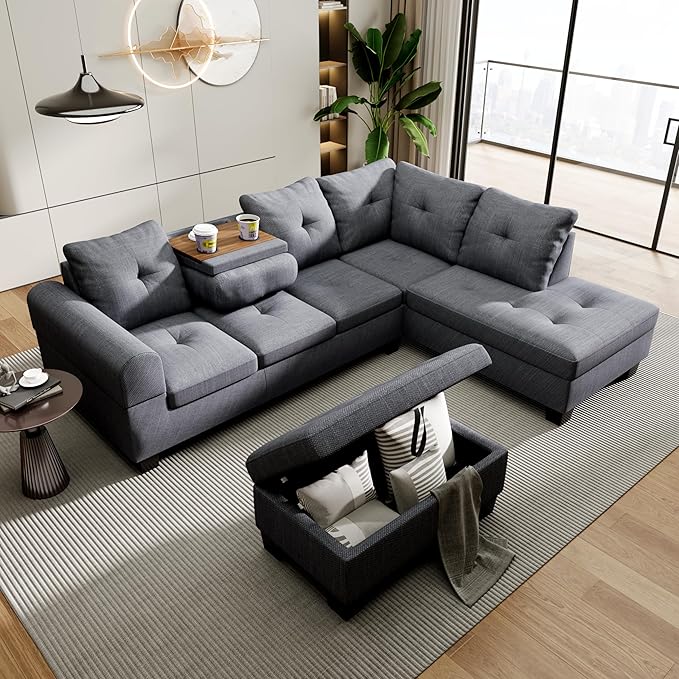 AWQM Upholstered L-Shape Modular Sectional Sofa Set with Storage Ottoman &amp Chaise Light Grey Fabric Living Room Furniture Comfy Oversized Corner Sofa Couch