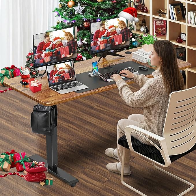 farexon Electric Standing Desk Adjustable Height 55 x 24 Inch Sit Stand up Desk with Large Mouse Pad 2 Metal Hook4 Wheels4 Memory Preset Heights Home Office Computer Desk（Brown）