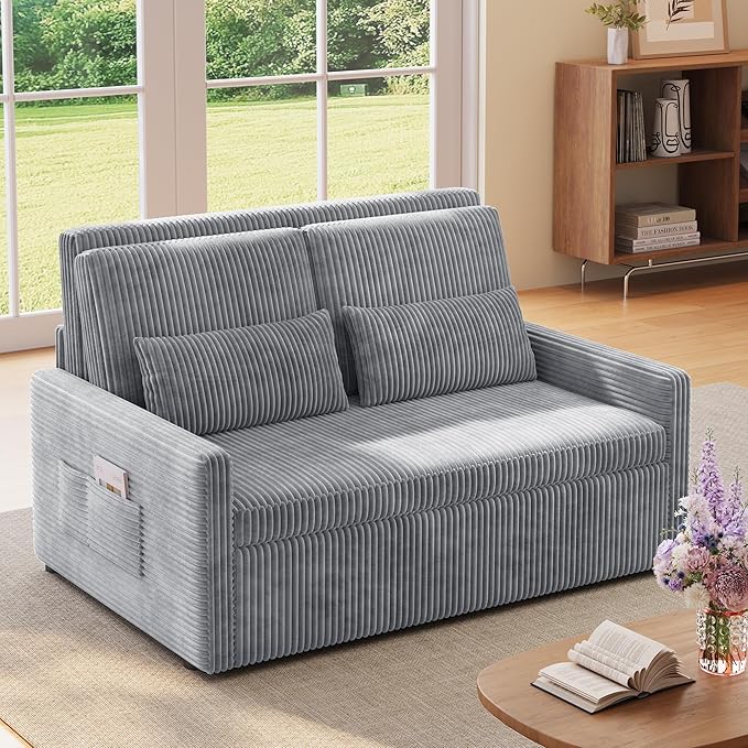 Ahomly 3 in 1 Pull Out Convertible Sofa Bed with 77.2'' Extended Sleeping Length Corduroy Loveseat Sleeper Sofa with Side Pockets Modern Loveseat for Living Room Grey
