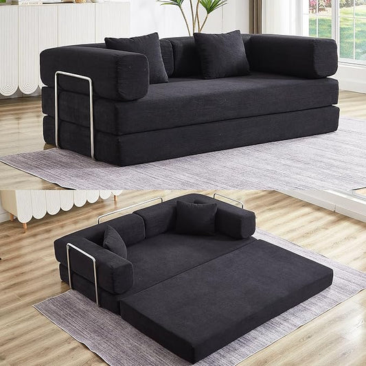 Convertible Sleeper Sofa Bed with All High-density Foam No Assembly Foldable Sleeper Couch Folding Floor Boneless Mattress Lounge Couch for Living Room Bedroom Apartment Office Orange All Foam