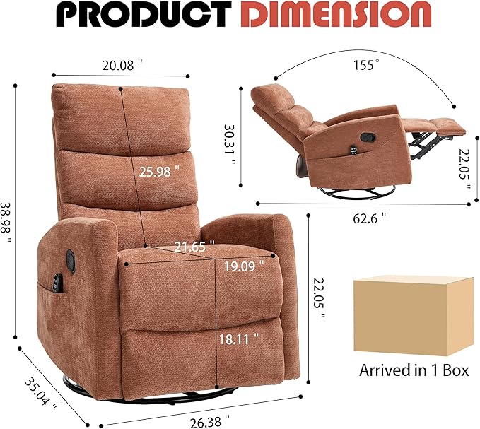 Luxlen Manual Swivel Rocker Recliner Chair with Massage Overstuffed Recliner Glider with Vibration Massage and Heat for Nursery Living Room Reclining Sofa Chair Fabric Orange