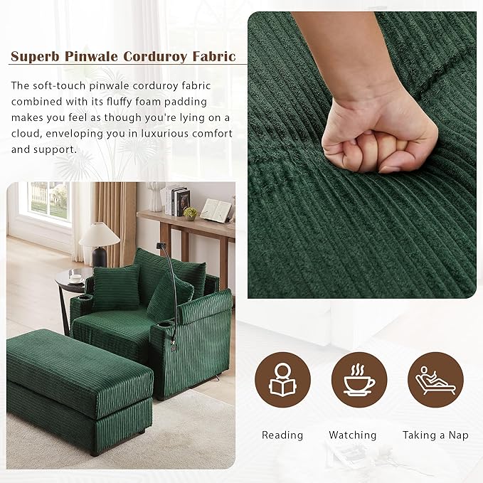 Merax Modern Corduroy Single Sofa with Ottoman Two USB Ports &amp Cup Holders Small Couch with Pillows &amp Phone Holder for Living Room Green