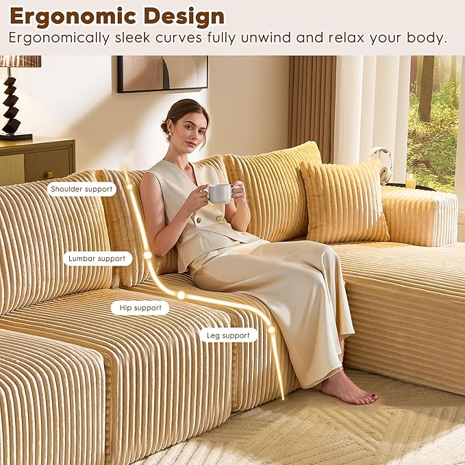 WorthFurni Cloud Modular Sofa Couch with U-Shape Chaise and Big Ottoman Modern Sectional with Deep Seat Upholstered Couches for Living RoomNo Assembly Required Plush Corduroy Fabric 139.37(Beige)