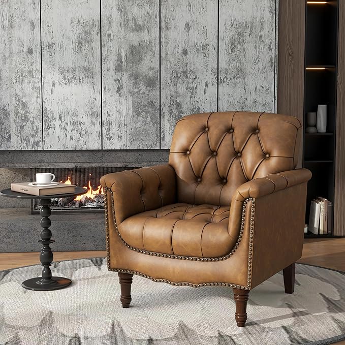 Lumibee Faux Leather Armchair Contemporary Accent Chair with Nailhead Trims &amp Wood Legs for Living Room Upholstered Comfy Arm Chair for OfficeBedroom-Camel