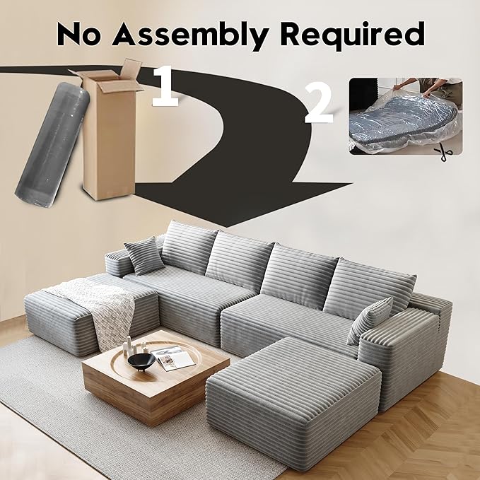 139.4 U Shaped Cloud Sectional Sofa for Living Room Plush Corduroy Cover Fluffy Memory Foam Cushions No Assembly Required Modular Chaise Lounge Oversized Comfortable Couches Set Grey