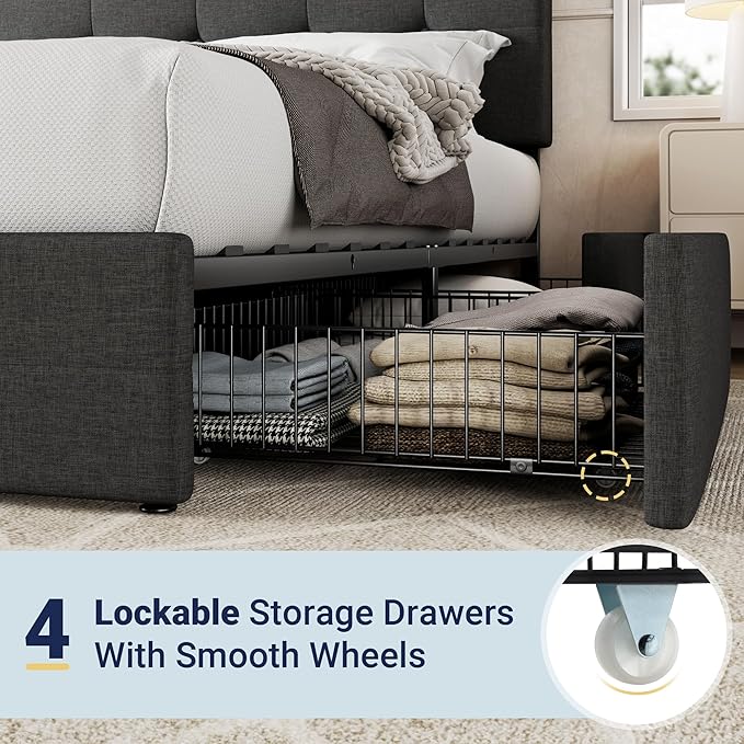 Allewie Upholstered Queen Size Platform Bed Frame with 4 Storage Drawers and Headboard Square Stitched Button Tufted Mattress Foundation with Wooden Slats Support No Box Spring Needed Dark Grey
