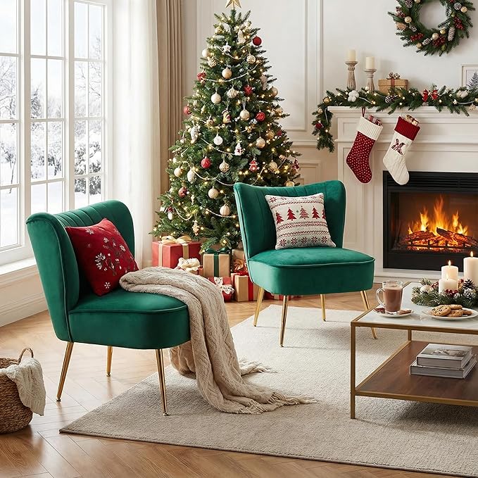DUOMAY Modern Accent Chair Set of 2 Velvet Slipper Chair with Gold Legs Wingback Side Chair for Living Room Bedroom Entryway Small Corner Chair for Space Saving Green