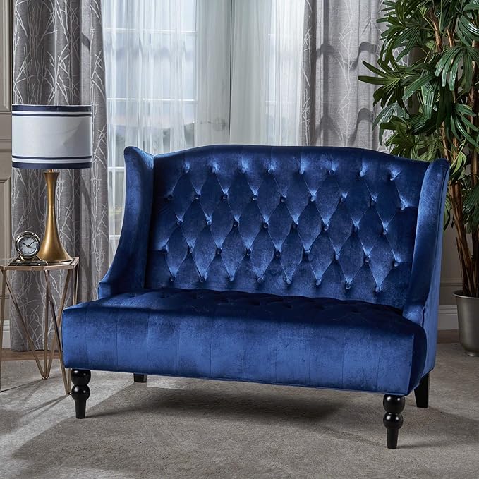 GDFStudio Modern Glam Tufted Velvet Wingback Loveseat Navy Blue and Dark Brown