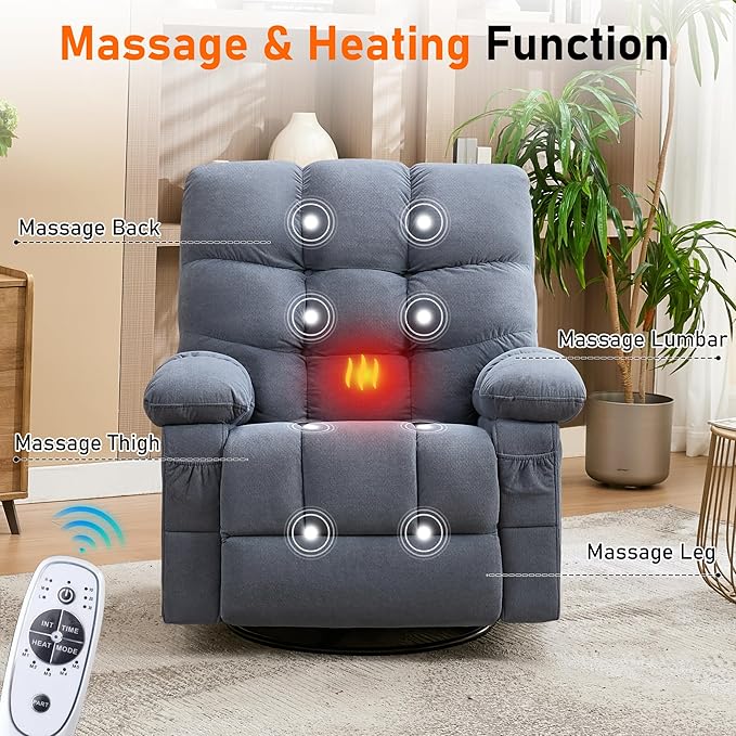 Swivel Recliner Chair for AdultsOversized Rocker Recliner with Vibration Massage and Lumbar HeatErgonomic Rocking Chair with Side PocketUSB Charge Port for Living Room