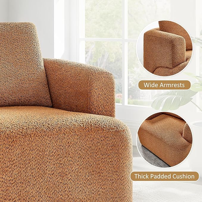 Oversized Living Room Chair Modern Comfy Boucle Accent Chairs with Throw Pillow Upholstered Armchair for Bedroom Office Waiting Room Fully Assembled (Curry)