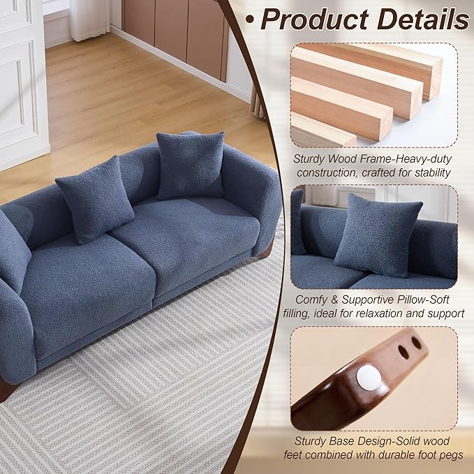 87 Sherpa Boucle Cloud Couch Modern 3 Seater Sofa with Solid Wood Legs 25 Extra Deep Seat Comfy Thick Cushion Upholstered Sofa Couches with 3 Pillows for Living Room Blue