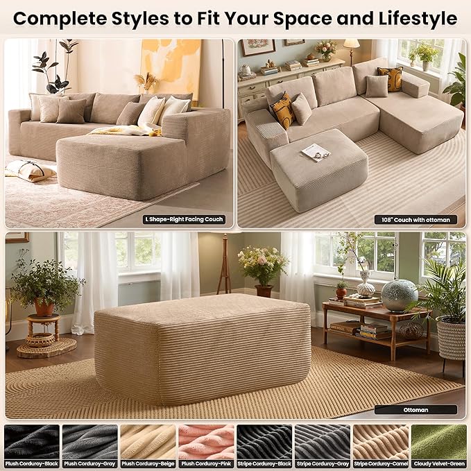 106 Cloud Sectional Couch with Chaise Lounge Deep Seat L Shaped Modern Modular Sleeper Sofa No Assembly Required Boneless Couches for Living Room (RightStripe CorduroyCamel)